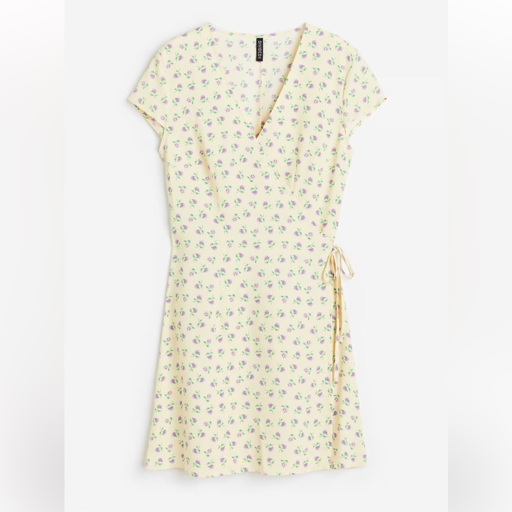 H&M Divided Crepe Yellow and Floral Wrap Dress, Large